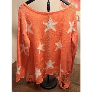 WAY Star Knit Distressed Sweater Women’s S Coral White Stars Oversized Boho